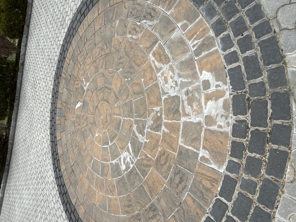 Heavy calcite and efflorescence buildup on a decorative circular paver medallion — common moisture-related problem on Long Island paver installations