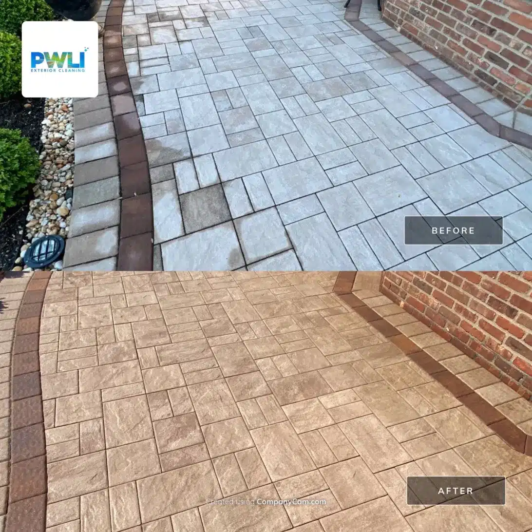 Paver patio before and after color enhancement — completely washed out gray pavers restored to rich warm brown using tinted sealer system by Pressure Wash Long Island, Woodbury NY