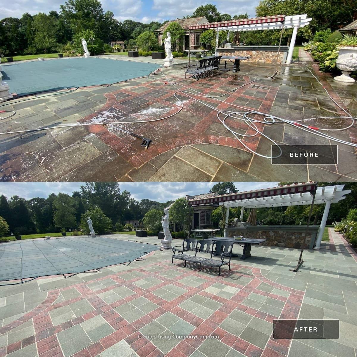 Paver patio before and after cleaning and sealing — algae, staining, and joint deterioration restored by Pressure Wash Long Island