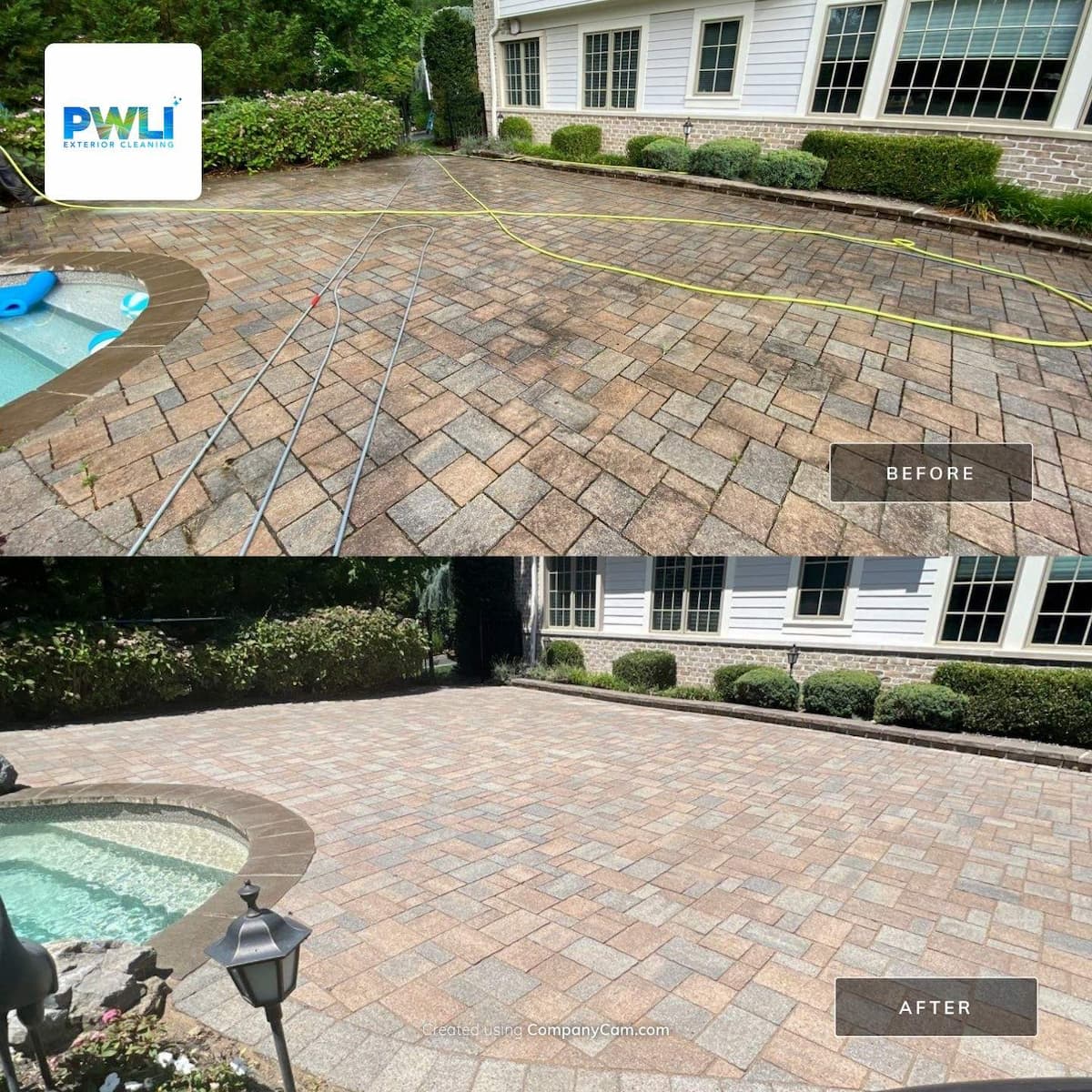 Paver pool deck before and after restoration — stained and faded pavers restored by Pressure Wash Long Island, Nassau County
