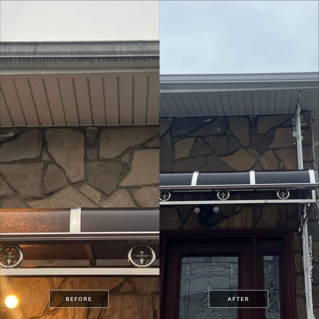 Before and after tiger stripe removal on a gutter at a Nassau County home